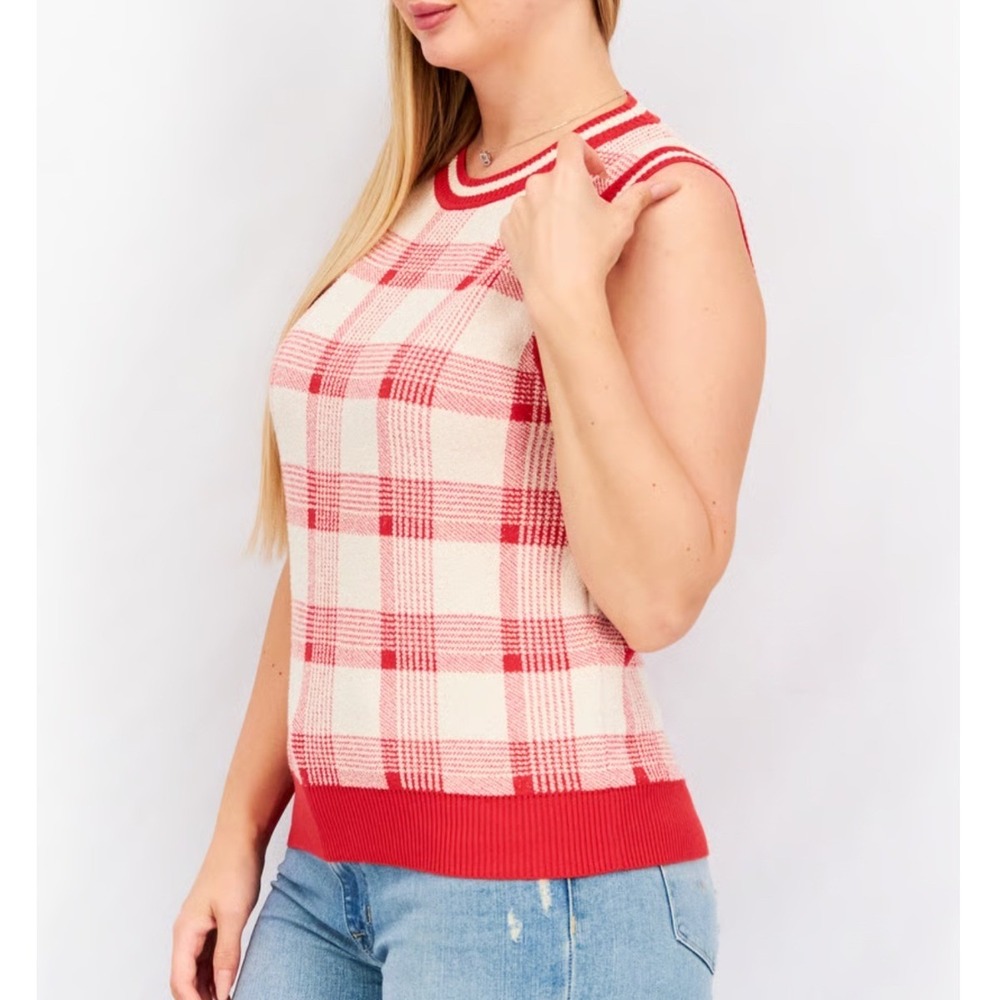Marella Acacia Red Cream Plaid Knitted Waistcoat Sweater Vest‎ L NWT